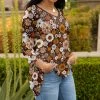 Lily | Brown & Goldtone Floral Long-Sleeve V-Neck Tunic - Plus