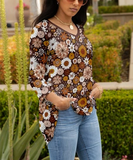 Lily | Brown & Goldtone Floral Long-Sleeve V-Neck Tunic - Plus 1 Lily | Brown & Goldtone Floral Long-Sleeve V-Neck Tunic - Plus