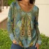 Lily | Brown & Blue Floral Long-Sleeve V-Neck Tunic - Plus