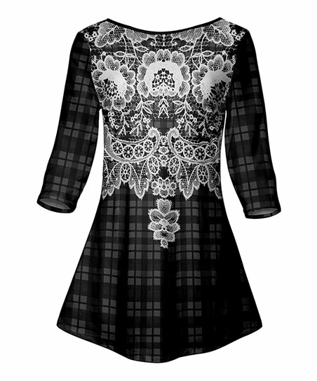 Lily | Black & Gray Floral Three-Quarter Sleeve Tunic - Plus 1 Lily | Black & Gray Floral Three-Quarter Sleeve Tunic - Plus