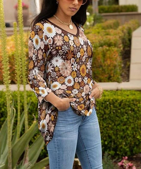 Lily | Brown & Gold Floral Long-Sleeve V-Neck Tunic - Plus 1 Lily | Brown & Gold Floral Long-Sleeve V-Neck Tunic - Plus