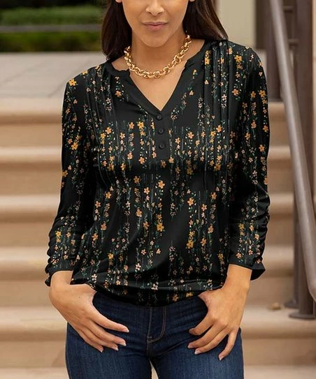 Lily | Black & Orange Floral Button-Detail Tunic - Women 1 Lily | Black & Orange Floral Button-Detail Tunic - Women