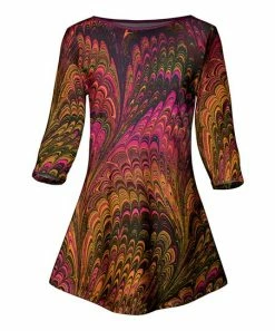 Lily | Brown & Pink Peacock Swirl Three-Quarter Sleeve Tunic - Plus