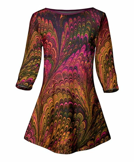 Lily | Brown & Pink Peacock Swirl Three-Quarter Sleeve Tunic - Plus 1 Lily | Brown & Pink Peacock Swirl Three-Quarter Sleeve Tunic - Plus