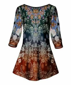 Lily | Rust & Blue Floral Three-Quarter Sleeve Tunic - Women