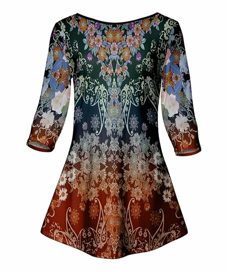 Lily | Rust & Blue Floral Three-Quarter Sleeve Tunic - Women 1 Lily | Rust & Blue Floral Three-Quarter Sleeve Tunic - Women