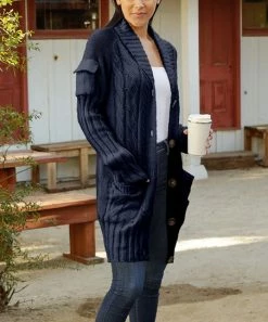 Lily | Navy Cable-Knit Button-Up Cardigan - Women