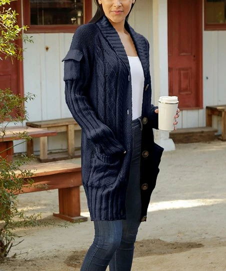 Lily | Navy Cable-Knit Button-Up Cardigan - Women 1 Lily | Navy Cable-Knit Button-Up Cardigan - Women