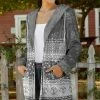 Lily | Gray & White Geometric Velvet Hooded Open Cardigan - Women