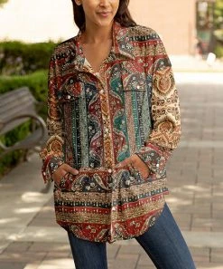 Lily | Teal & Red Paisley Pocket Collared Button-Up Shacket - Women