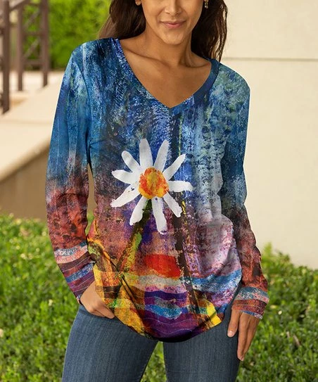 Lily | Blue & Yellow Abstract Daisy-Accent V-Neck Tunic - Women & Plus 1 Lily | Blue & Yellow Abstract Daisy-Accent V-Neck Tunic - Women & Plus