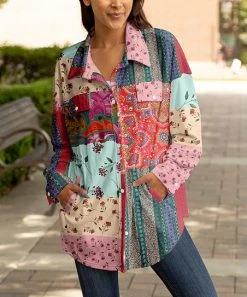 Lily | Red & Mint Patchwork Pocket Collared Button-Up Shacket - Women & Plus