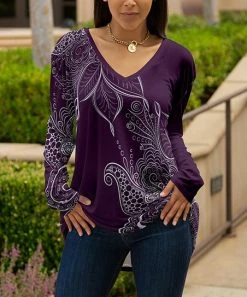 Lily | Purple & White Paisley Long-Sleeve V-Neck Tunic - Women & Plus