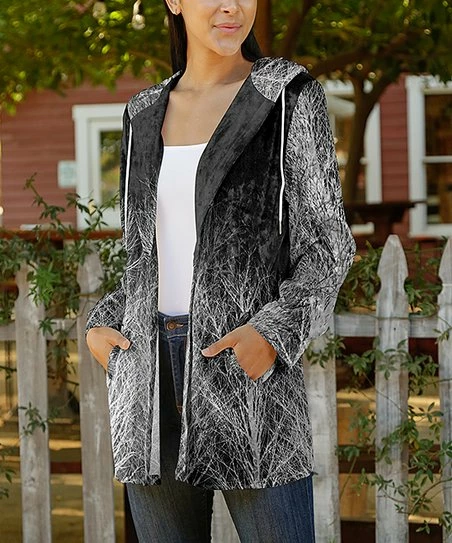 Lily | Gray & White Branches Velvet Pocket Hooded Open Cardigan - Plus 1 Lily | Gray & White Branches Velvet Pocket Hooded Open Cardigan - Plus