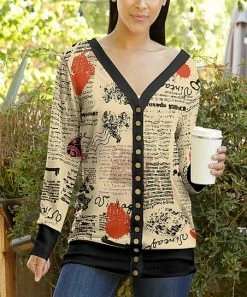 Lily | Cream & Red 'Vintage' Snap-Button V-Neck Cardigan - Plus