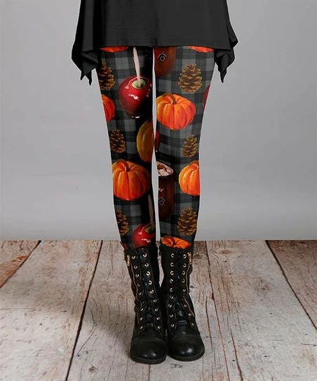 Lily | Gray & Orange Pumpkin Plaid Leggings - Women 1 Lily | Gray & Orange Pumpkin Plaid Leggings - Women