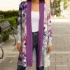 Lily | White & Purple Leaf Silhouette Long-Sleeve Open Cardigan - Women