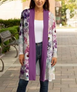 Lily | White & Purple Leaf Silhouette Long-Sleeve Open Cardigan - Women