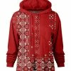 Lily | Red & White Scarf-Print Chest-Pocket Drawstring Hoodie - Women & Plus