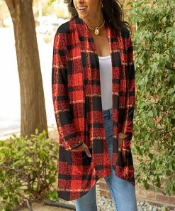 Lily | Red & Black Plaid Pocket Open Cardigan - Women