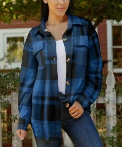 Lily | Blue & Black Plaid Button-Up Pocket Shacket - Women