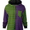 Lily | Green & Purple Stripe Color Block Chest-Pocket Drawstring Hoodie - Plus