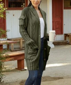 Lily | Army Green Cable-Knit Button-Up Cardigan - Women & Plus