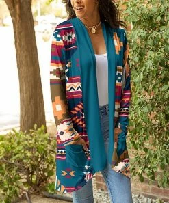 Lily | Blue & Fuchsia Geometric Pocket Open Cardigan - Women & Plus