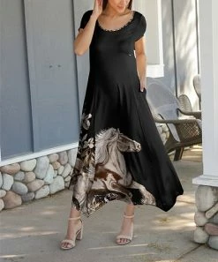 Lily | Black & Brown Horse Pocket Handkerchief Dress - Plus