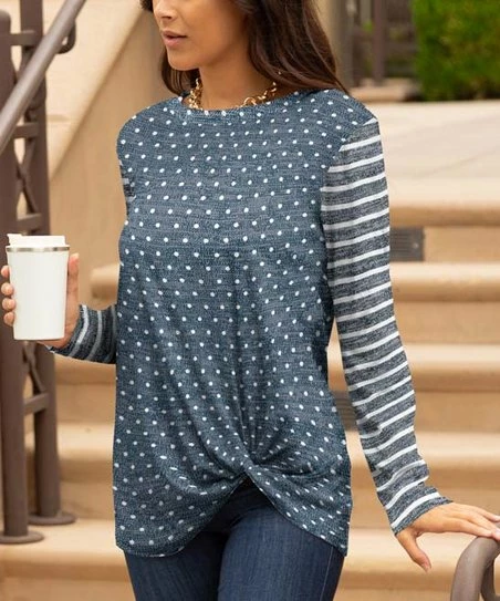 Lily | Blue & White Dot Stripe Long-Sleeve Twist-Hem Tunic - Plus 1 Lily | Blue & White Dot Stripe Long-Sleeve Twist-Hem Tunic - Plus