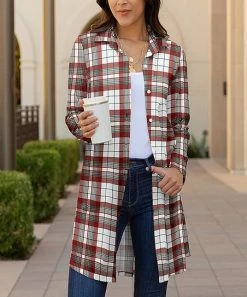 Lily | Red & White Plaid Pocket Long-Sleeve Button-Up Cardigan - Women & Plus