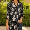 Lily | Black & Pink Floral Three-Quarter Sleeve Notch Neck Tunic - Plus
