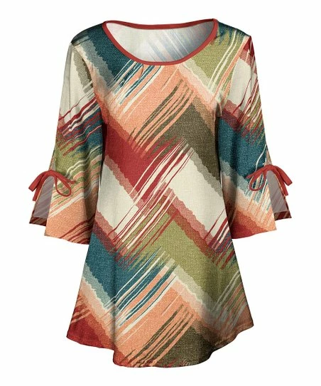 Lily | Blue & Rust Brushstroke Chevron Tie Slit-Cuff A-Line Tunic - Women 1 Lily | Blue & Rust Brushstroke Chevron Tie Slit-Cuff A-Line Tunic - Women