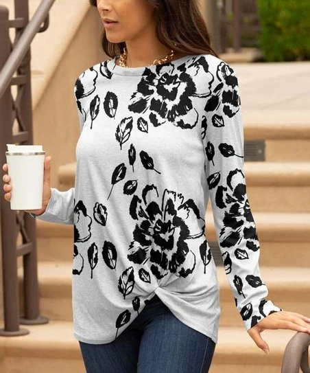 Lily | Black & White Floral Long-Sleeve Knot-Detail Tunic - Women 1 Lily | Black & White Floral Long-Sleeve Knot-Detail Tunic - Women