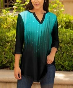 Lily | Black & Teal Ombré Star Three-Quarter Sleeve Notch Tunic - Women