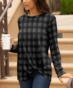 Lily | Black & Gray Plaid Long-Sleeve Knot-Detail Tunic - Women & Plus