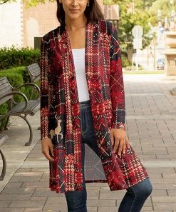 Lily | Red & Navy Plaid Fair Isle Open Cardigan - Women