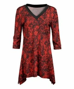 Lily | Red & Black Floral Scroll V-Neck Sidetail Tunic - Plus