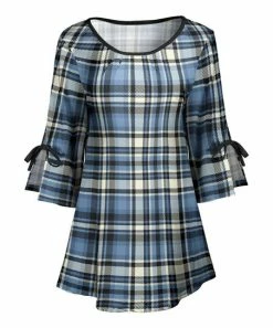 Lily | Blue & Cream Plaid Tie Slit-Cuff A-Line Tunic - Women