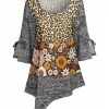 Lily | Gray & Yellow Floral Leopard Tie Slit-Cuff Asymmetric-Hem Tunic - Women