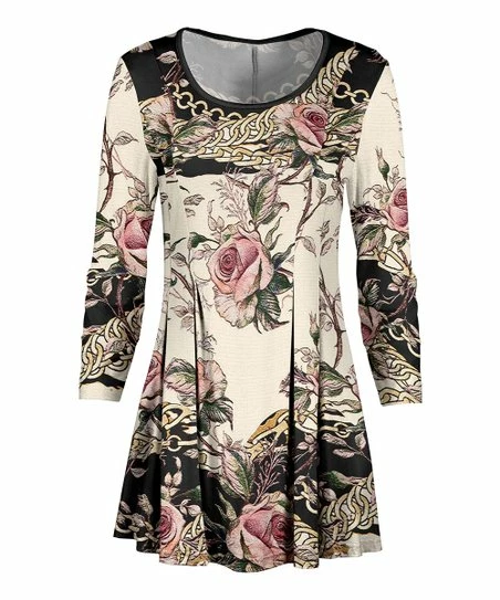 Lily | Black & Cream Floral Status Pleated Scoop-Neck Long-Sleeve Tunic - Women & Plus 1 Lily | Black & Cream Floral Status Pleated Scoop-Neck Long-Sleeve Tunic - Women & Plus