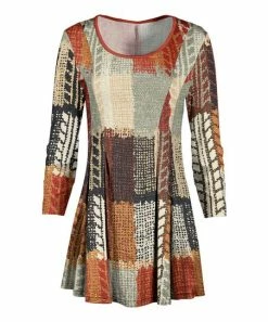 Lily | Rust & Beige Patchwork Pleated Scoop-Neck Long-Sleeve Tunic - Women