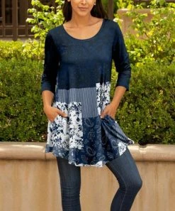 Lily | Navy & White Floral Patchwork Pocket Swing Tunic - Women & Plus