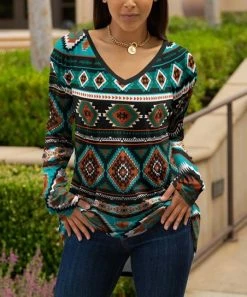 Lily | Teal & Black Geometric Long-Sleeve V-Neck Tunic - Women