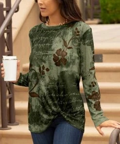 Lily | Green & Brown Floral Tie-Dye Long-Sleeve Knot-Detail Tunic - Women & Plus