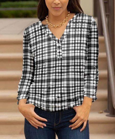 Lily | Black & White Plaid Pleated Button-Detail Tunic - Women 1 Lily | Black & White Plaid Pleated Button-Detail Tunic - Women