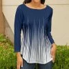 Lily | Navy & White Abstract Ombré-Accent Three-Quarter Sleeve Top - Women
