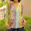 Lily | Yellow & Gray Floral Button-Accent Notch Neck Top - Plus