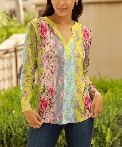 Lily | Yellow & Gray Floral Button-Accent Notch Neck Top - Plus