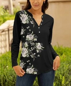 Lily | Black & Pink Floral Button-Accent Notch Neck Top - Women & Plus
